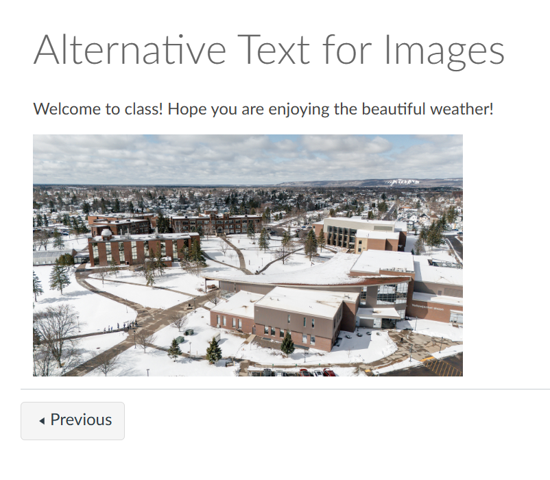 Screenshot of a page in Canvas that has an image of UWS and text welcome to class hope you are enjoying the beautiful weather.
