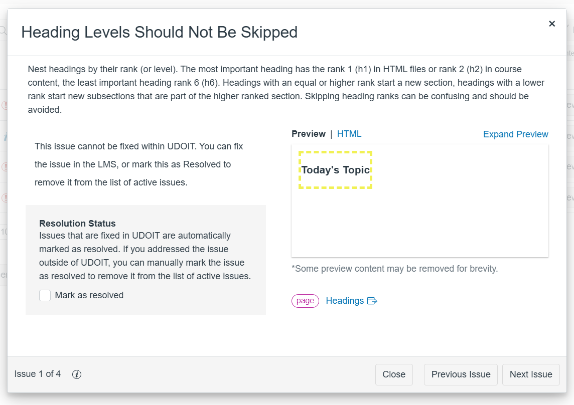 Screenshot of the Skipped heading level UDOIT error screen
