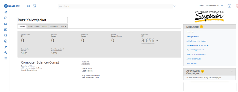 Screenshot of the Overview Page of the Navigate student profile for Buzz Yellowjacket